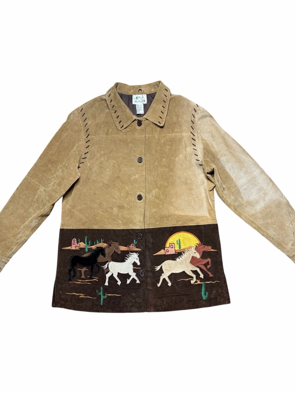 Vintage 90s Horse Embroidery Suede Jacket Brown Western Desert Landscape